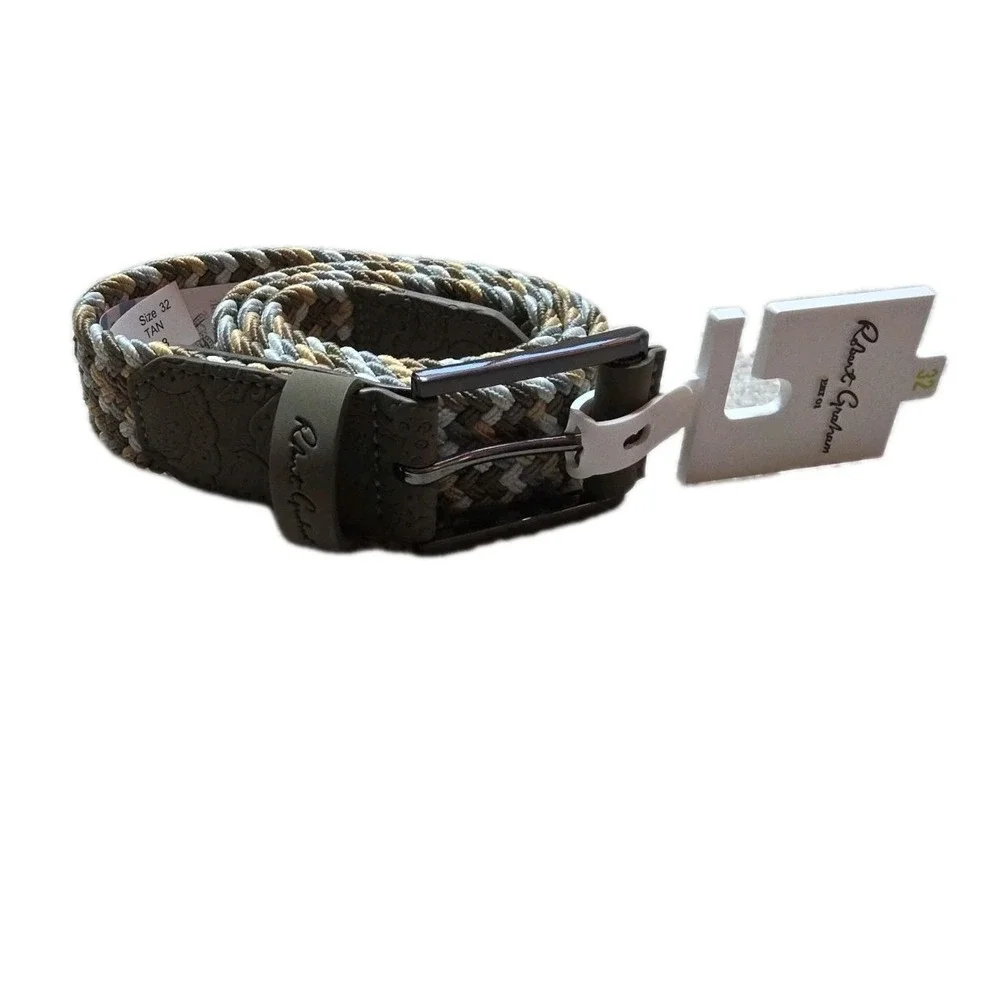 ROBERT GRAHAM‎ size 32  Mens Tan  Leather Bonded Braided Stretch belt Nwt